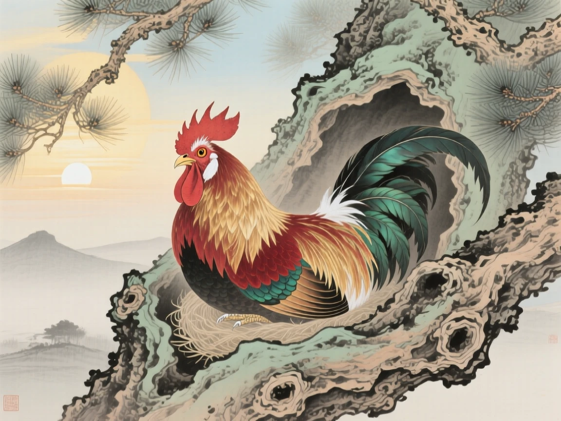 A rooster at dawn nestled in a hollow of an old pine tree, soft morning light filtering through the branches