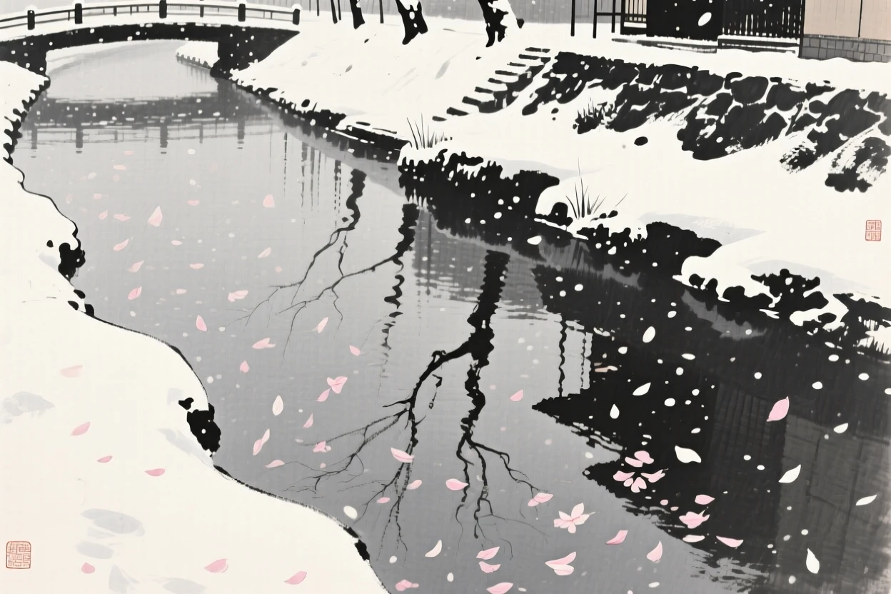 A quiet winter morning after fresh snowfall beside a still, reflective canal, framed through drifting petals or falling snow for depth, suggesting nostalgia and gentle celebration.