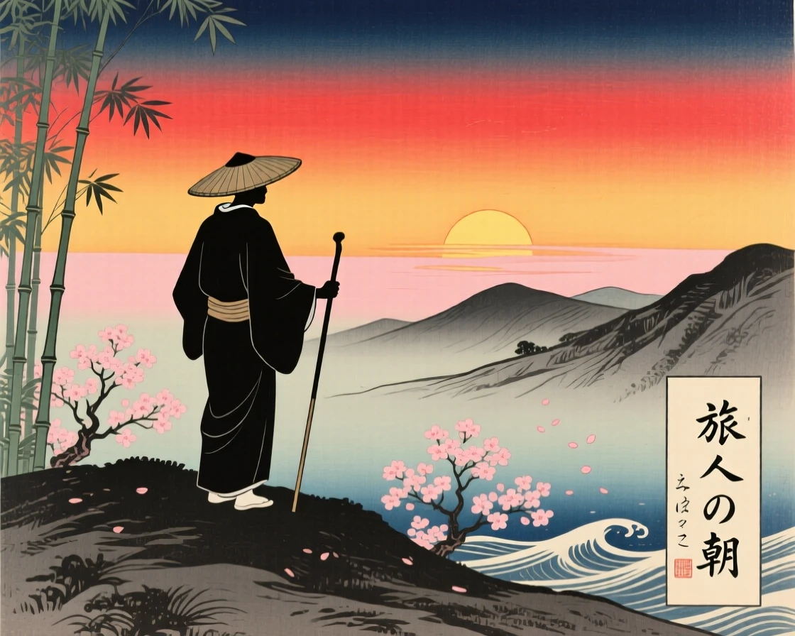 A lone traveler silhouetted against a blazing sunset, at the break of dawn.