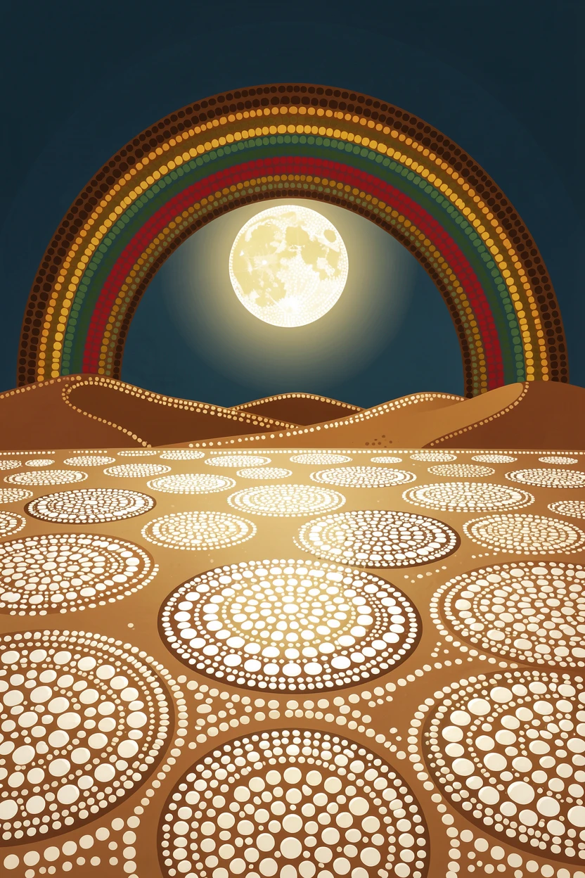 A moonlit salt desert beneath a rainbow after rain