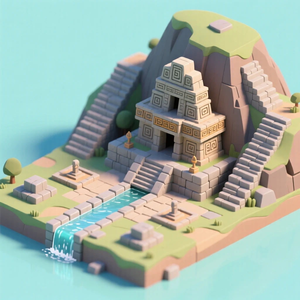An ancient Chavín temple complex carved into an Andean hillside, a stone canal channeling water through the ceremonial plaza.