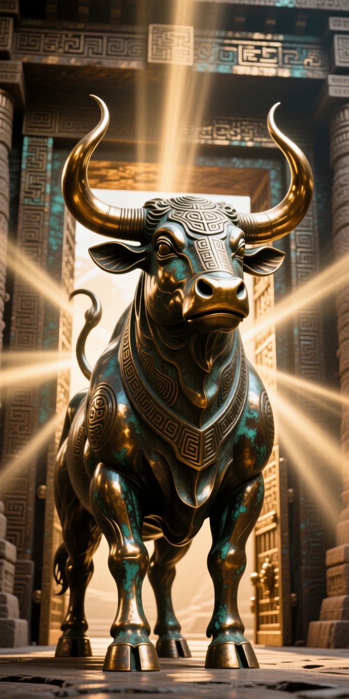 A sacred bull spirit standing at the gates of a temple, surrounded by radiant beams of light, radiating awe and grandeur