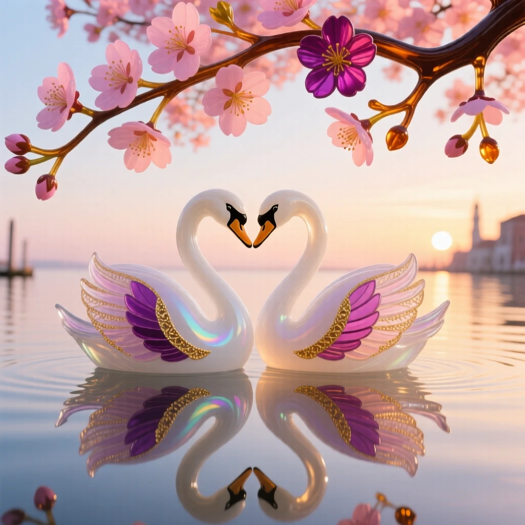 A pair of swans forming the most perfect reflection beneath a blossoming cherry canopy at sunrise, elegant and serene.