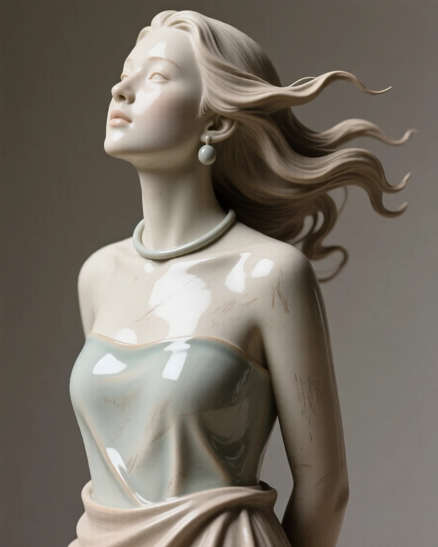 A woman with flowing hair caught in the wind standing proudly with chin lifted high, adorned with simple, elegant ornamentation, stirring nostalgia and heartfelt warmth.