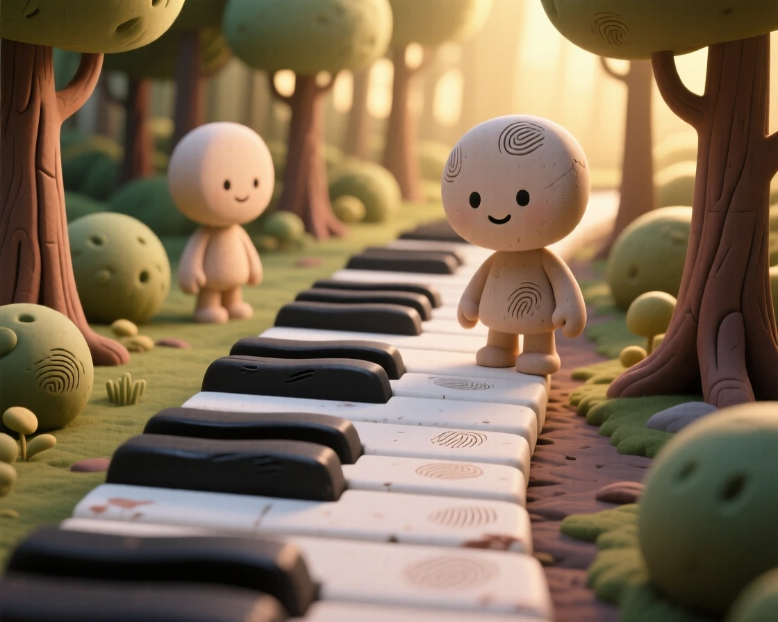 A pathway made of piano keys leading into a glowing forest
