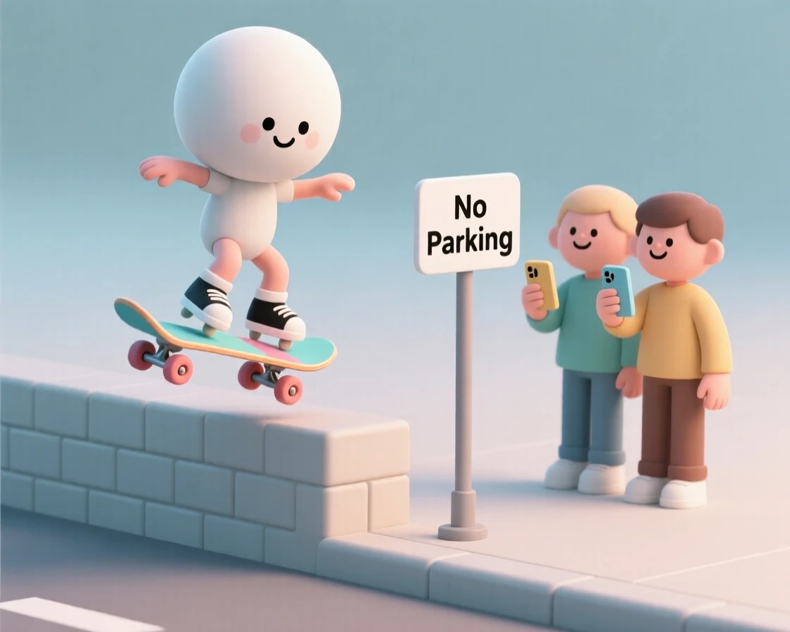 A proud young skater lands a smooth ollie over a curb, friends recording the moment on their phones.