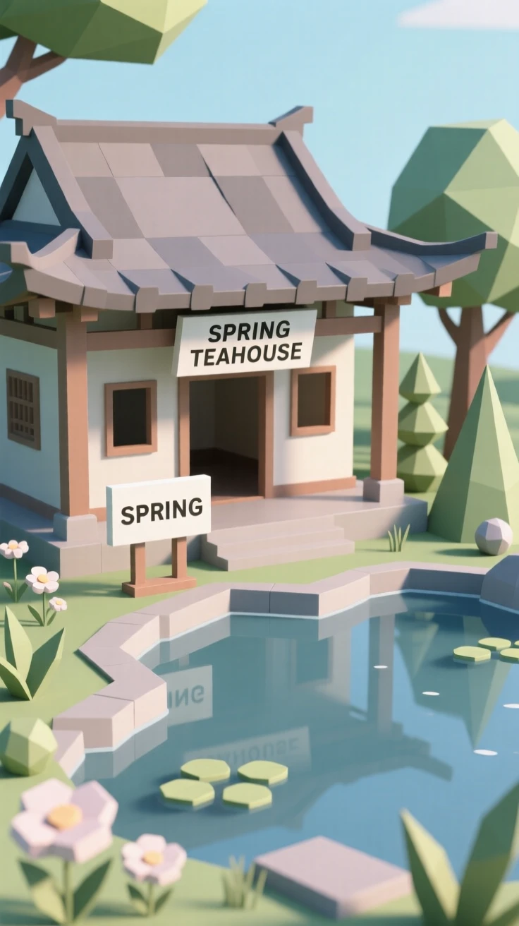 A traditional teahouse beside a tranquil garden pond, surrounded by blooming spring gardens. fine architectural details are rendered with clarity. The mood feels romantic and picturesque.