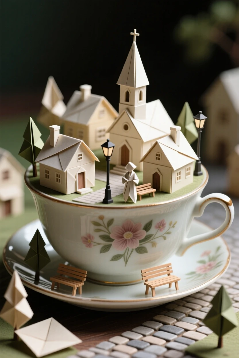 A miniature village built along the rim of an old porcelain teacup.