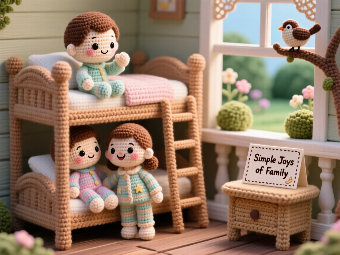 siblings sharing a bunk bed at bedtime, whispering and giggling softly, is captured settling in for a story before sleep in a quiet porch overlooking a peaceful garden beside a handmade card resting on the table, showing the simple joy of everyday family life.