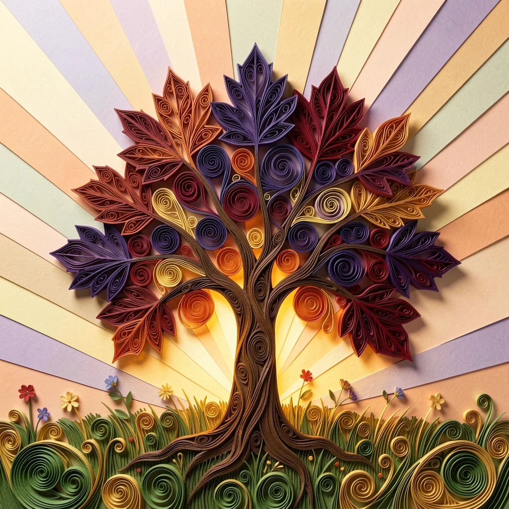 a maple tree in peak autumn color, in a quiet countryside meadow at sunrise, shot from a low angle looking up toward the light, in deep jewel tones of violet and crimson.