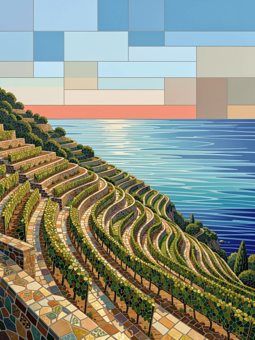 The terraced vineyards of the amalfi coast overlooking the sea, viewed from a dramatic elevated vantage point.