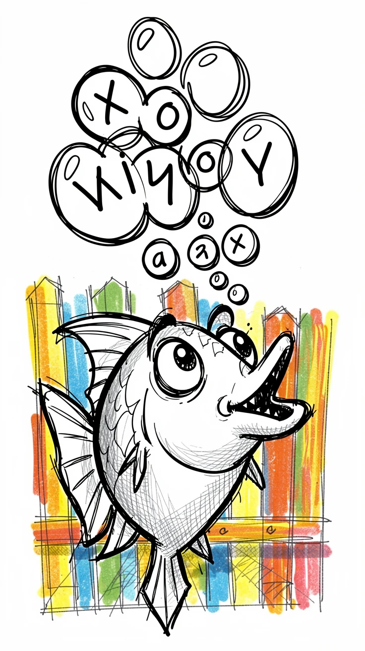 A fish blowing bubbles that spell out a message on a colorful painted fence.
