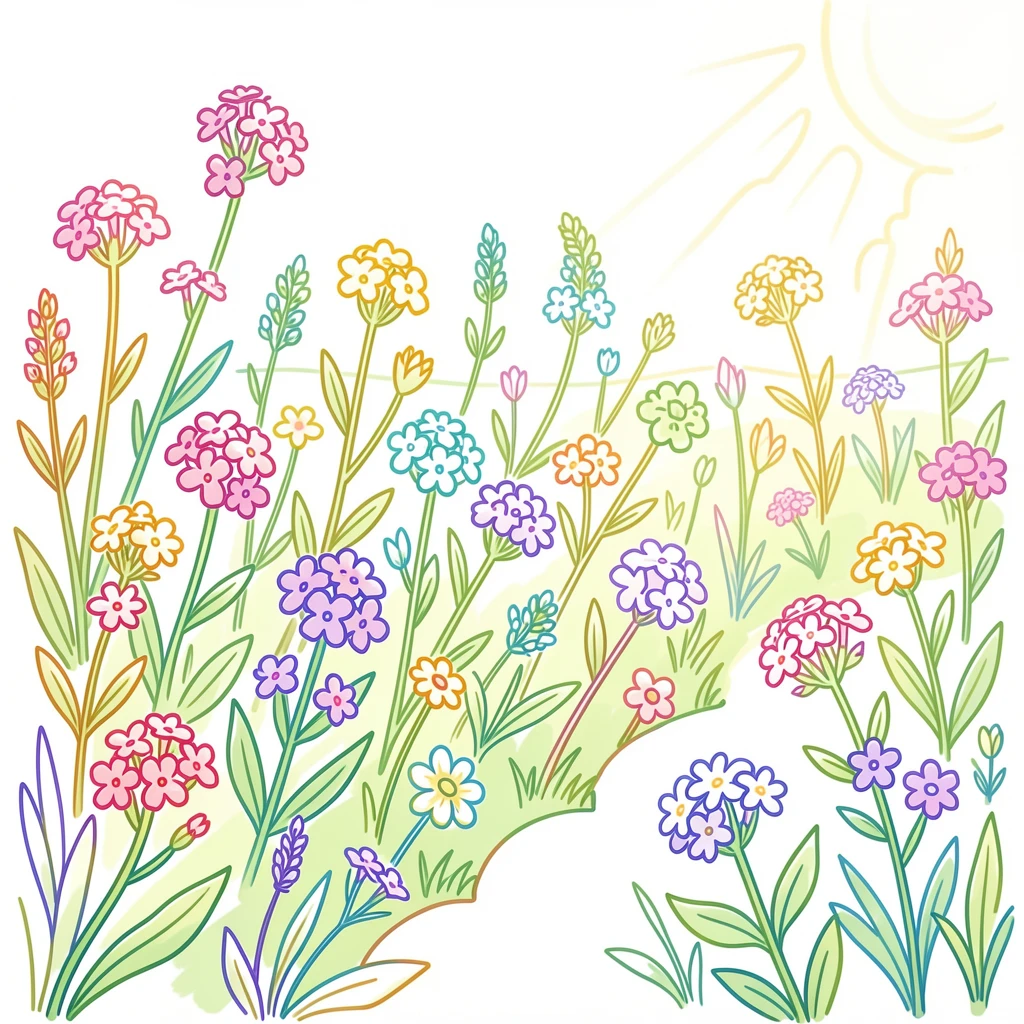 A field of wild verbena blooming along a sunlit garden border.