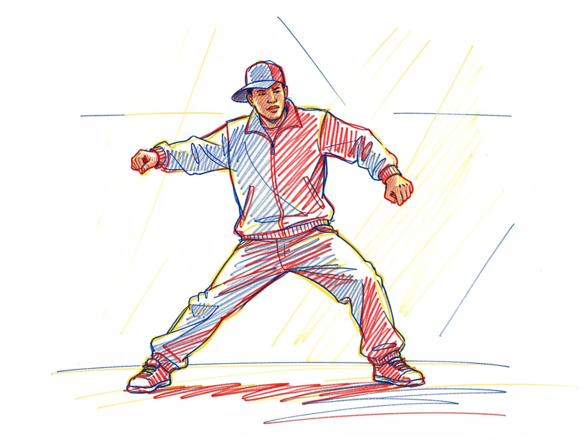 A hip hop dancer frozen mid-move under dramatic stage lighting
