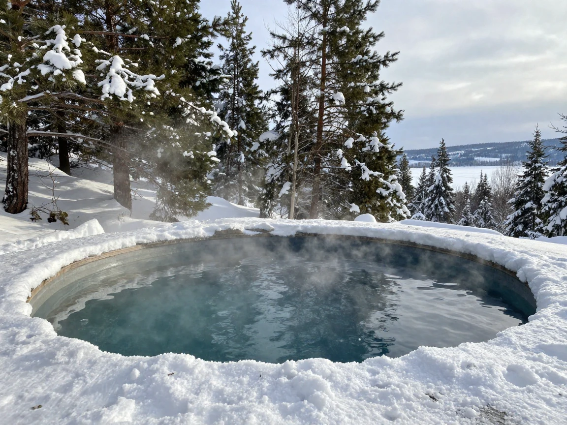 A cold plunge pool surrounded by snow and pine trees