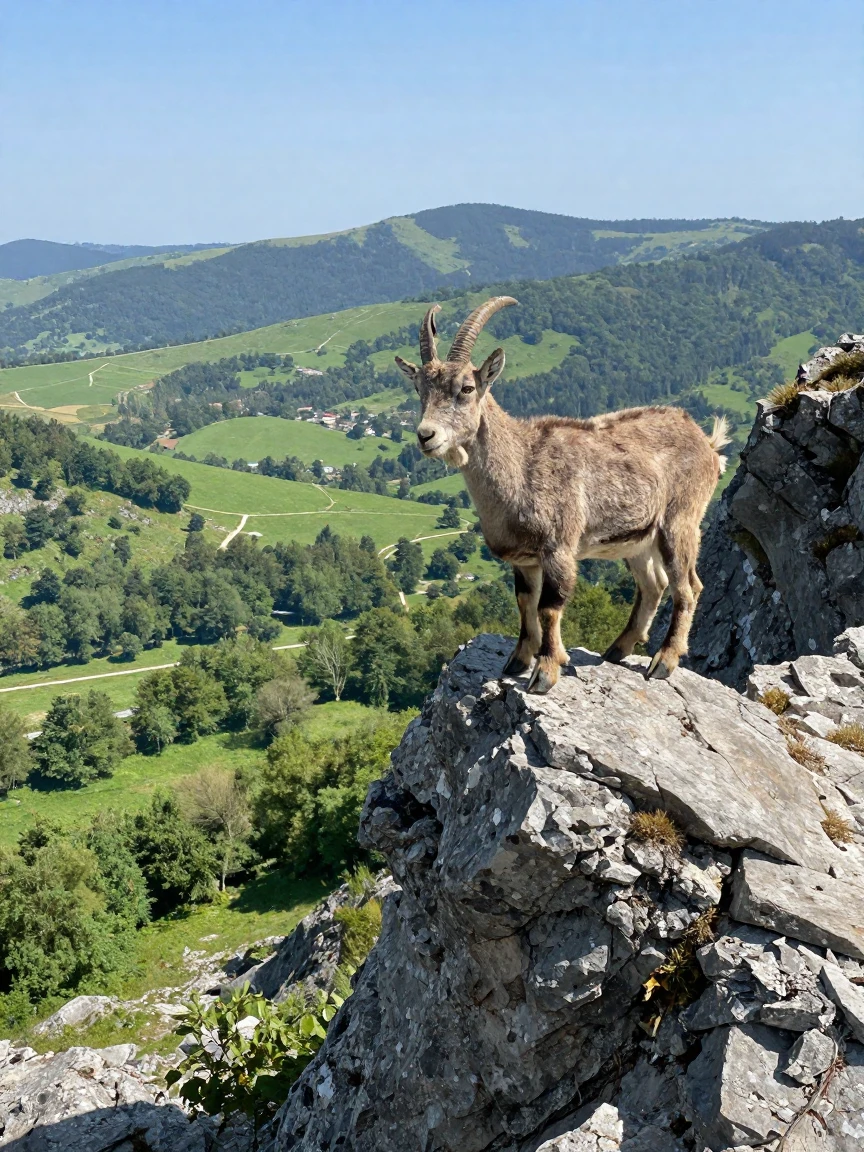 A mountain goat balances on a narrow rocky ledge high above a green valley.