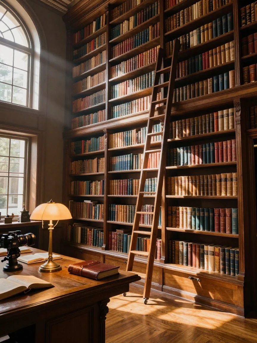 A grand library with towering bookshelves and a rolling wooden ladder