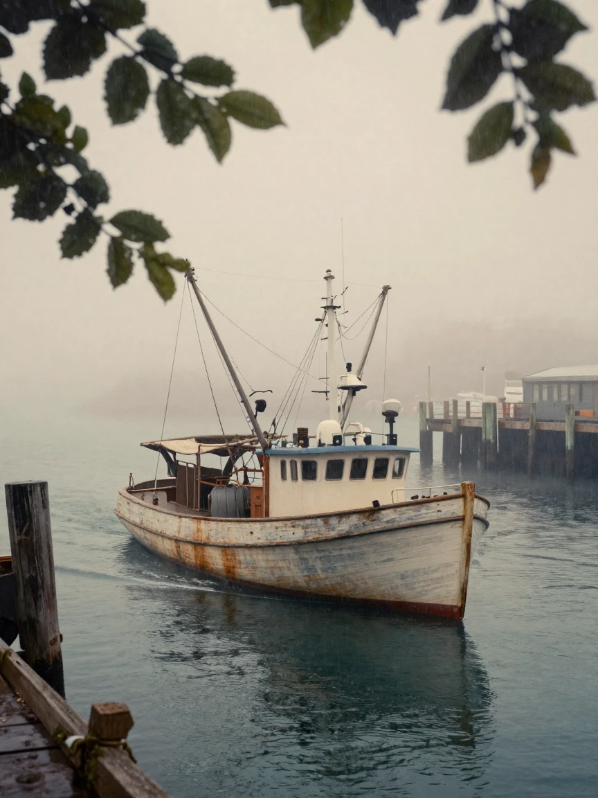 A fishing boat emerging slowly from dense harbor fog, in dappled light filtering through leaves, amid a steady rain, in the height of summer, in soft muted pastels, peering through foliage in the foreground.