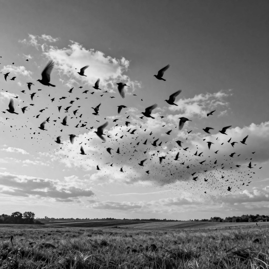 A murmuration of starlings swirls in shifting patterns overhead over a wide open field.