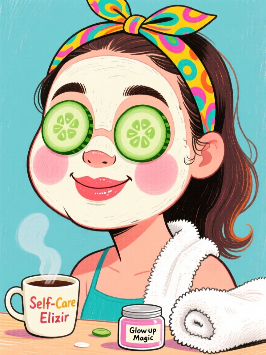 A woman doing a self-care Sunday routine, face mask on, cucumber slices over her eyes.