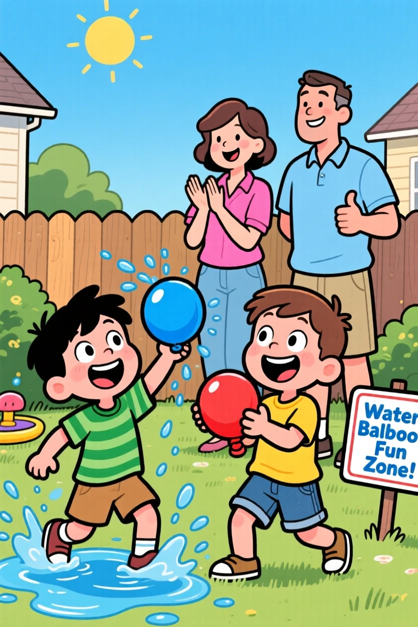 A playful childhood moment of twin siblings having a good-natured water balloon fight, as parents cheer proudly nearby.