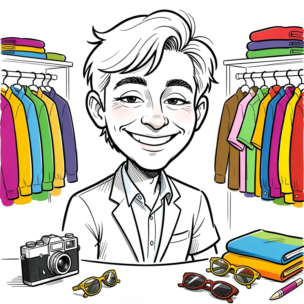 [Trending & Universal Topics] Modern lifestyle scene of a laid-back vintage collector organizing a colorful capsule wardrobe, capturing everyday joy