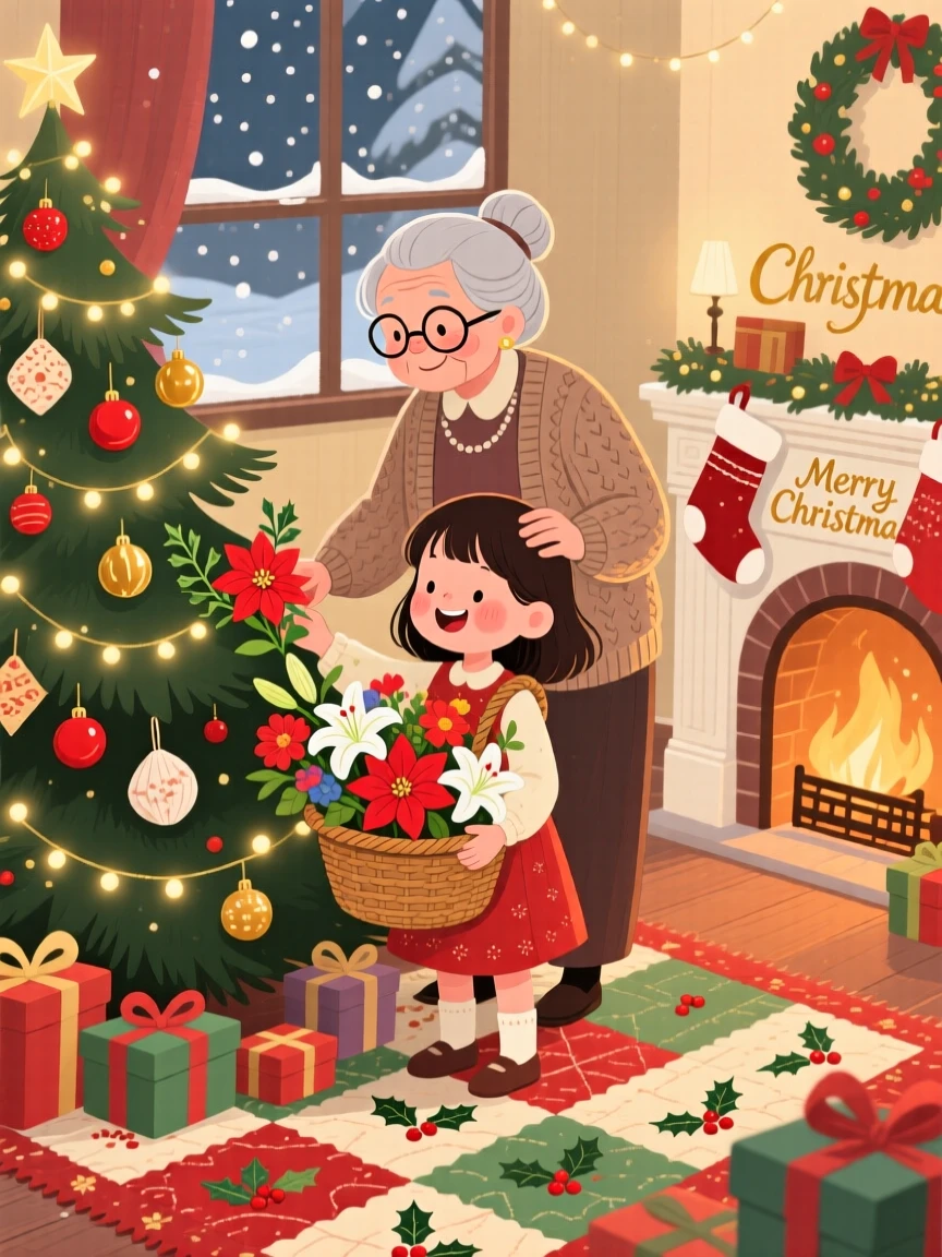 With her grandmother close by, a girl with a basket of flowers is decorating a Christmas tree, with a homemade quilt spread beneath them.