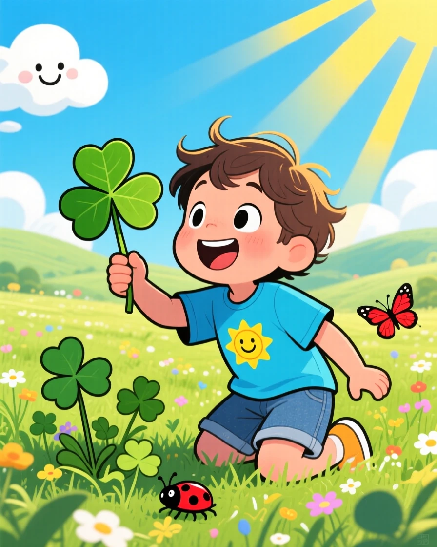 A child discovering their first four-leaf clover in a summer field.