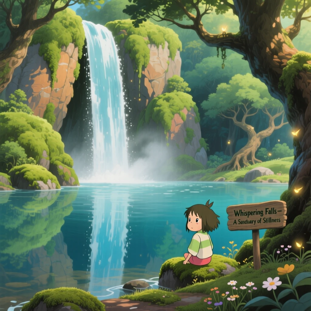 A stunning view of a waterfall cascading down moss-covered cliffs into a pool below, reflected perfectly on a mirror-still surface below.