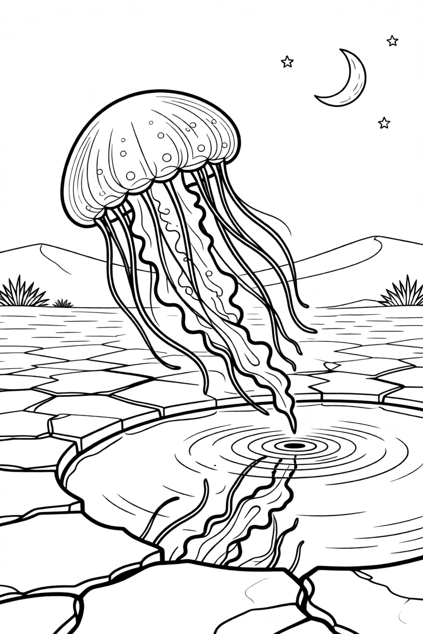 A moon jellyfish walking across a cracked desert plain, with its reflection rippling in a still pond.