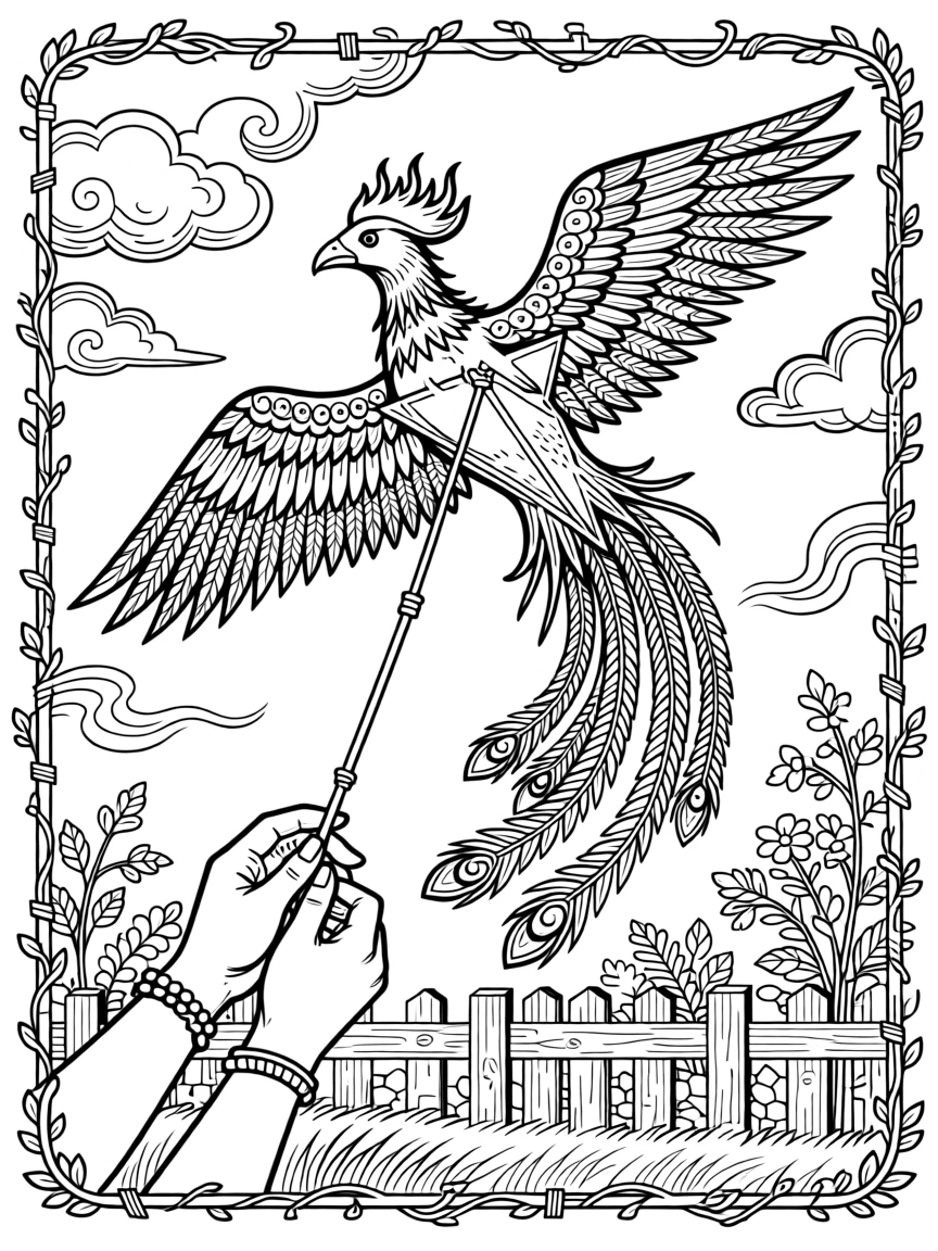 A pair of hands releasing a kite shaped like a phoenix into the wind.
