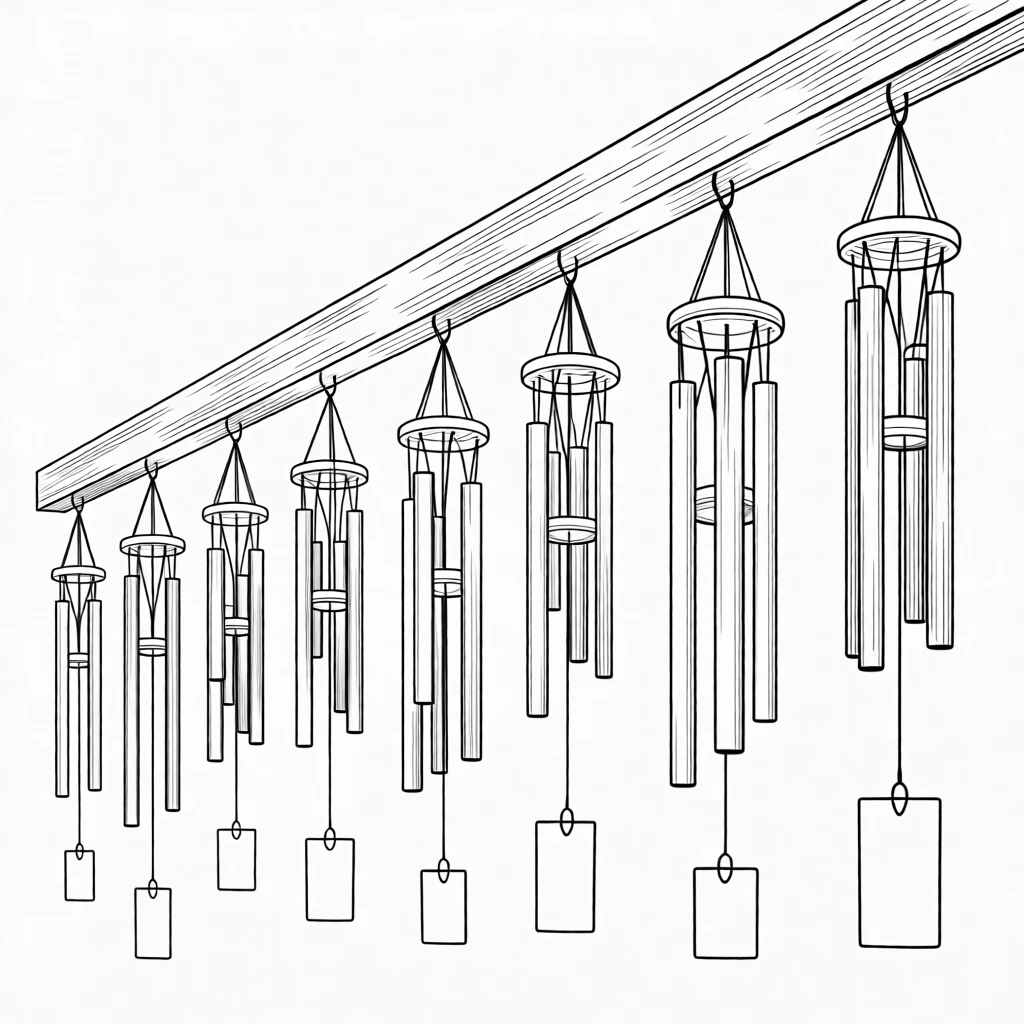A row of wind chimes hanging from a porch eave