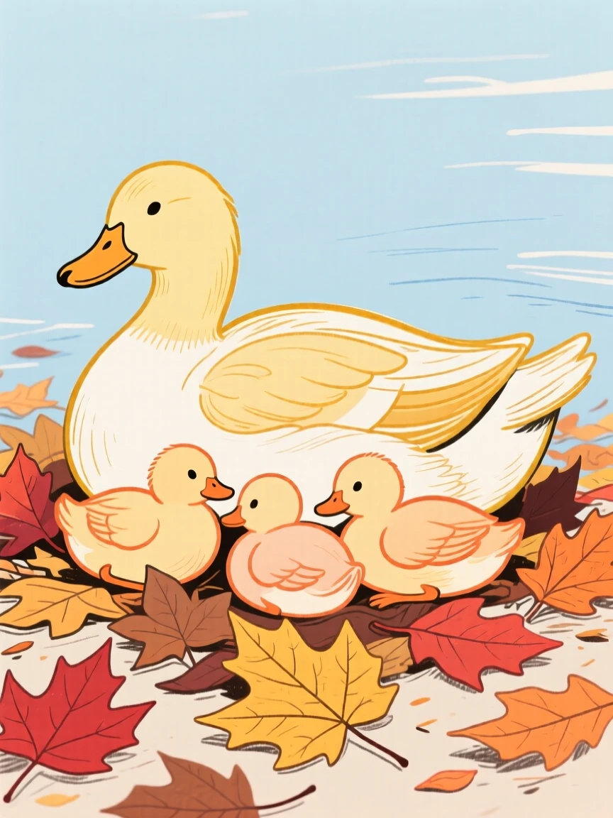 A family of ducks curled up together among autumn leaves on a quiet summer afternoon.