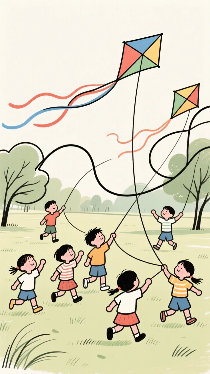 A group of children flying kites together in a breezy park.