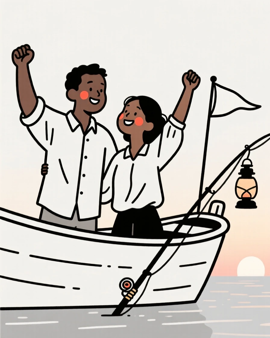 A young couple of Ethiopian heritage celebrating a retirement, on a fishing boat at dawn.