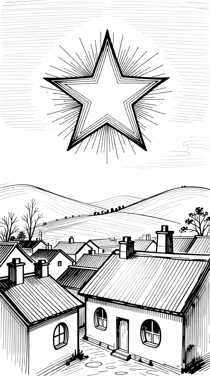 A single star shining brightly above a quiet, sleeping village.