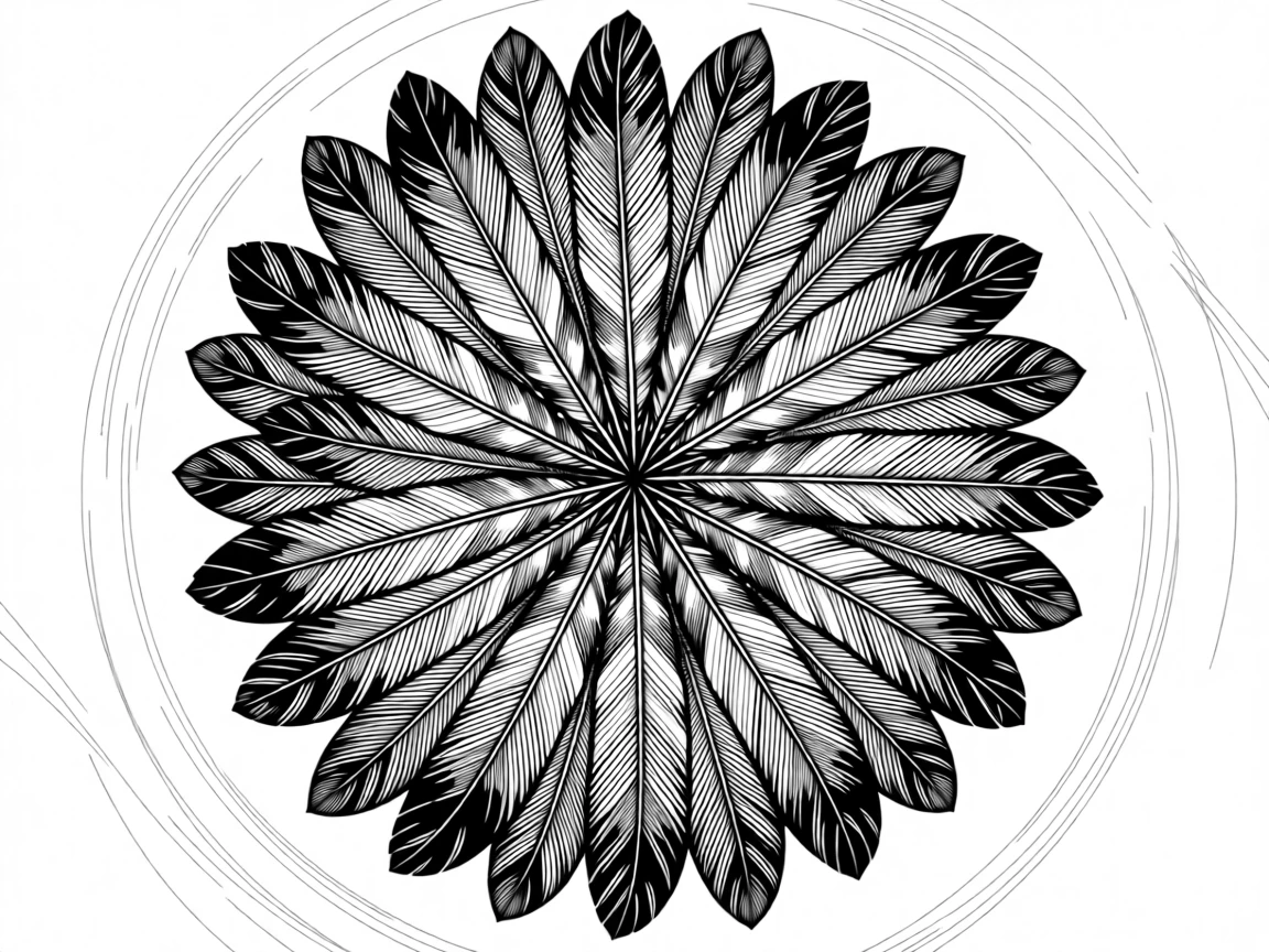 A circular composition of feathers arranged like a fan arranged in perfect radial symmetry, with intricate detailing that rewards close viewing, forming a richly ornamental decorative composition.