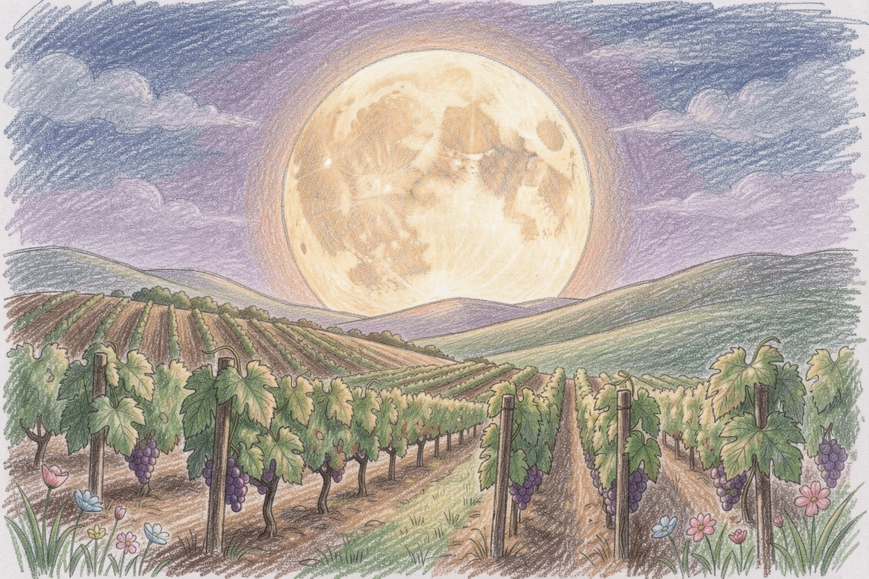 A pastoral hillside vineyard glowing under a harvest moon, captured in a quiet, intimate moment full of atmosphere, perfect for anyone drawn to gentle, heartfelt imagery.
