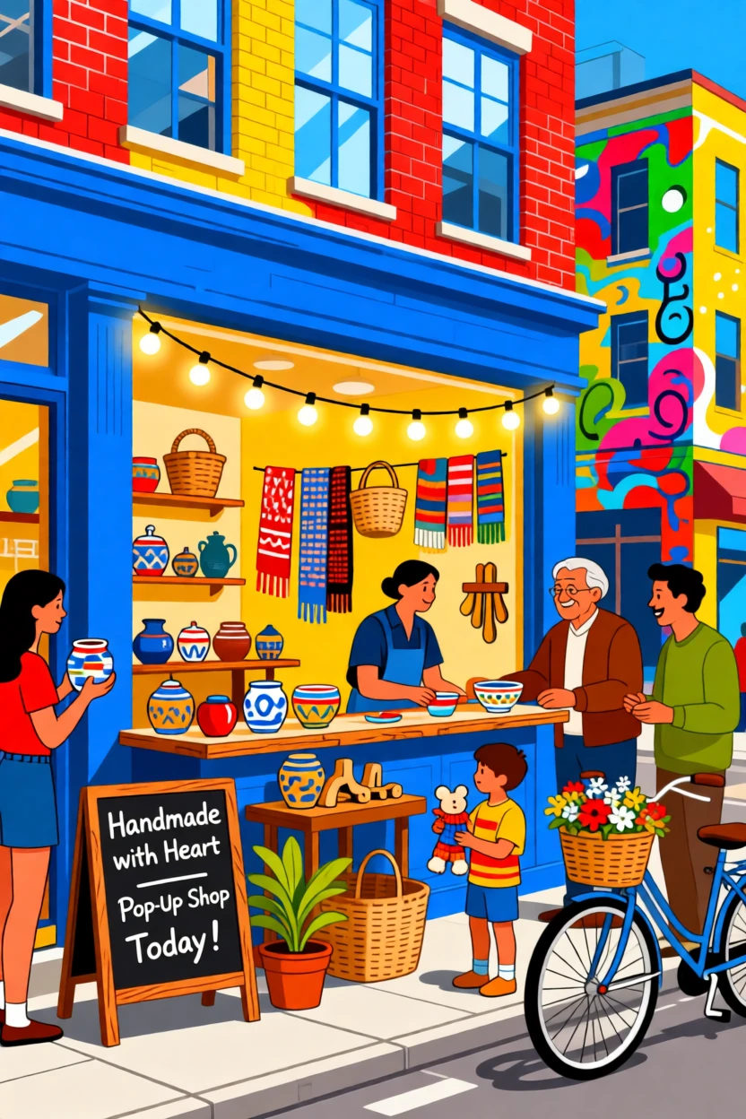 A colorful pop-up shop with handmade crafts on display, set within a vibrant, trendy urban neighborhood, framed with a cozy, inviting close perspective, with a sense of community and connection in every detail.