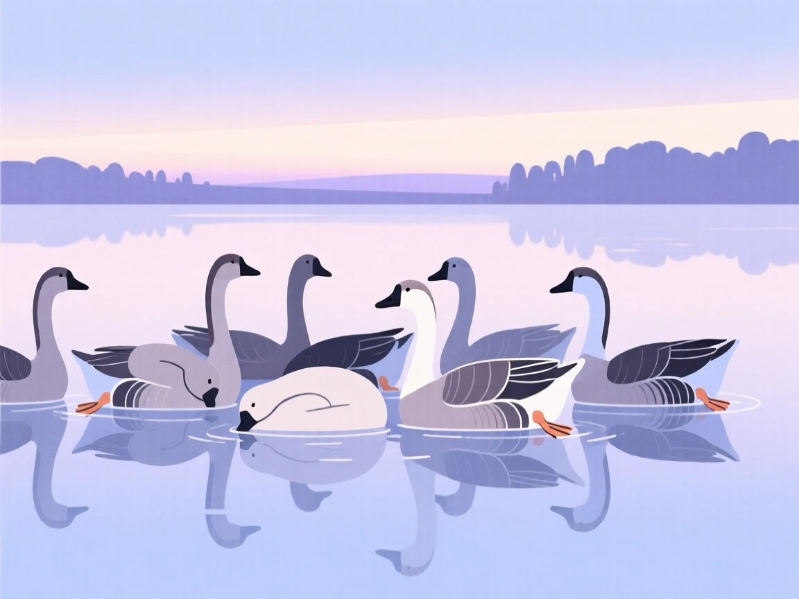 A flock of geese resting together on a still lake at dawn.