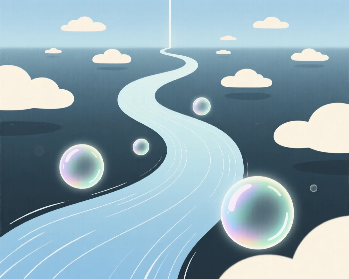 A magical river flowing upward into the sky nestled within a sky filled with drifting clouds, glowing near drifting soap bubbles, full of boundless wonder.