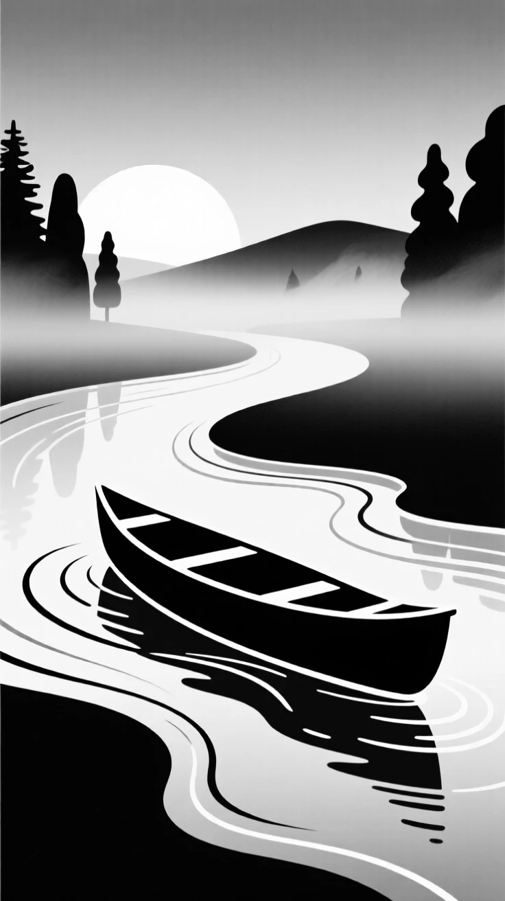 A canoe gliding through a misty river at dawn.