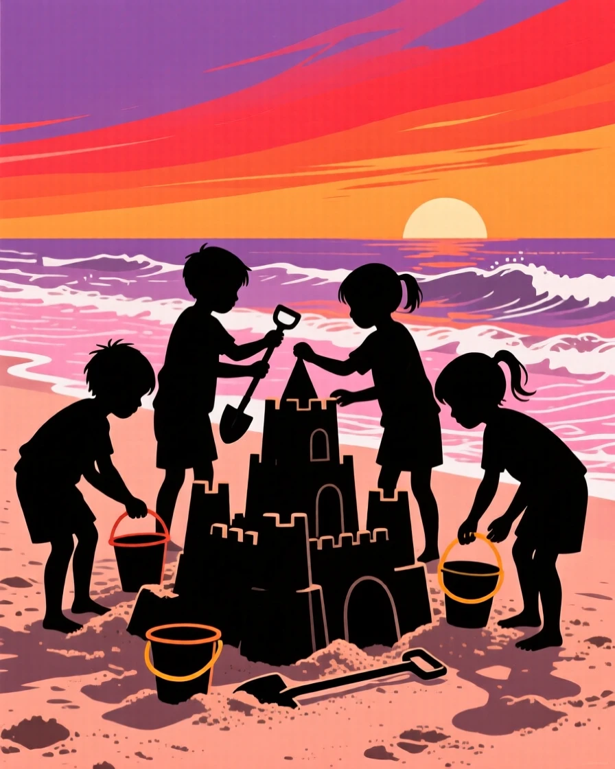 A group of children building sandcastles together as the tide rolls in.