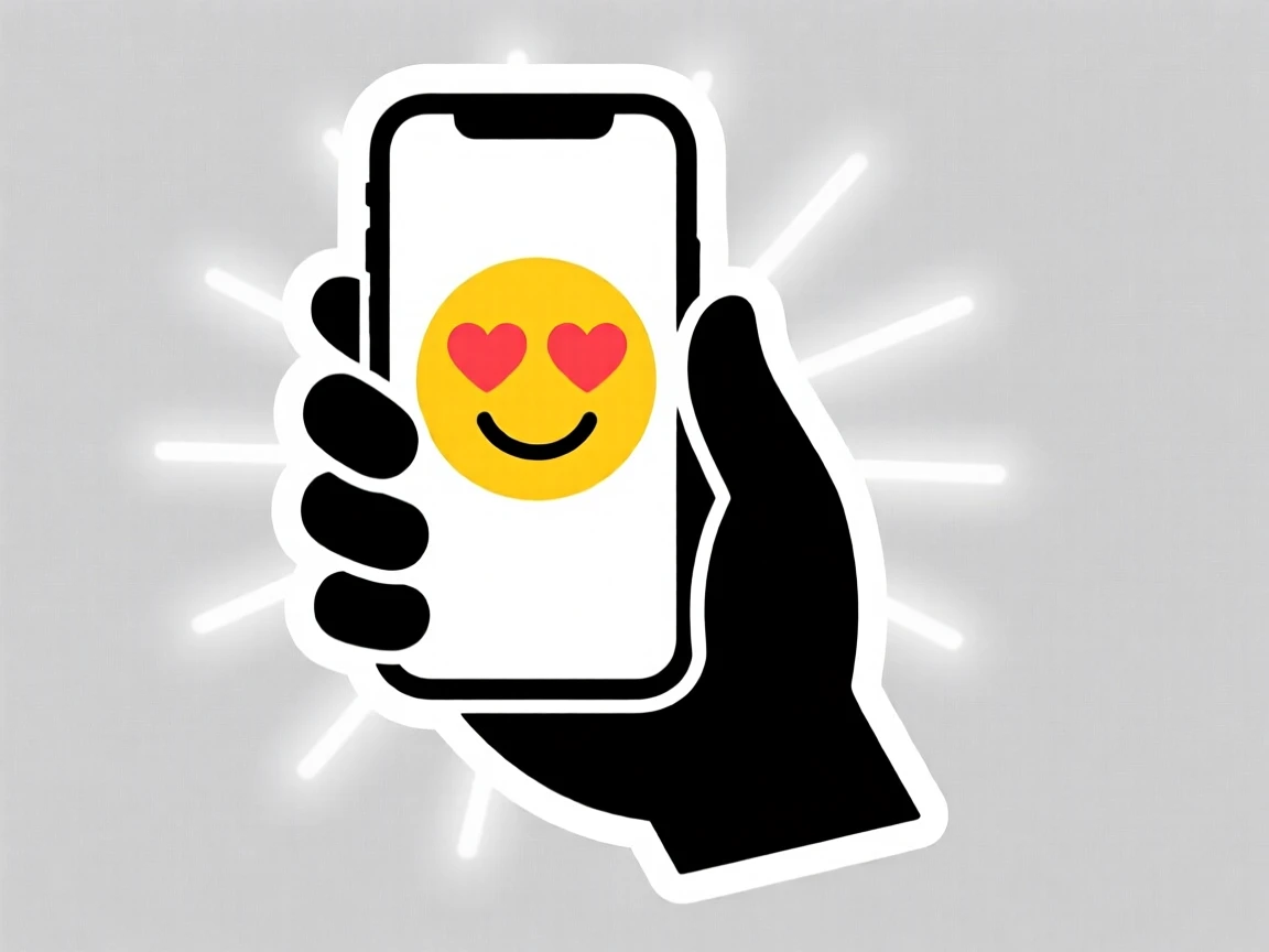 An instantly mood-lifting hand holding a phone showing a heart-eyes reaction, radiating pure comfort and joy, the kind of moment everyone wants to share.