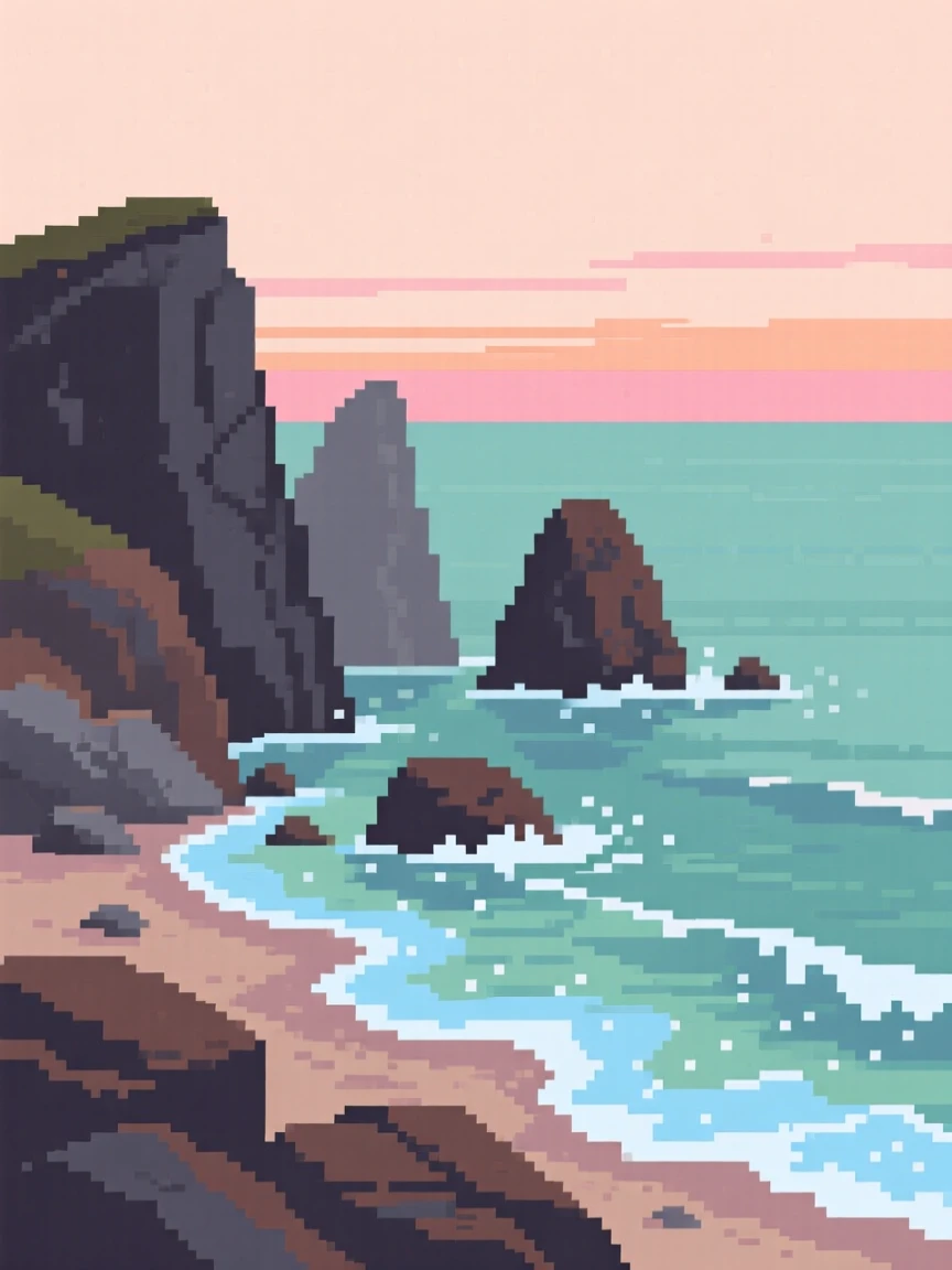 A rocky coastline bathed in the soft light of early morning, along a coastline where waves gently break.
