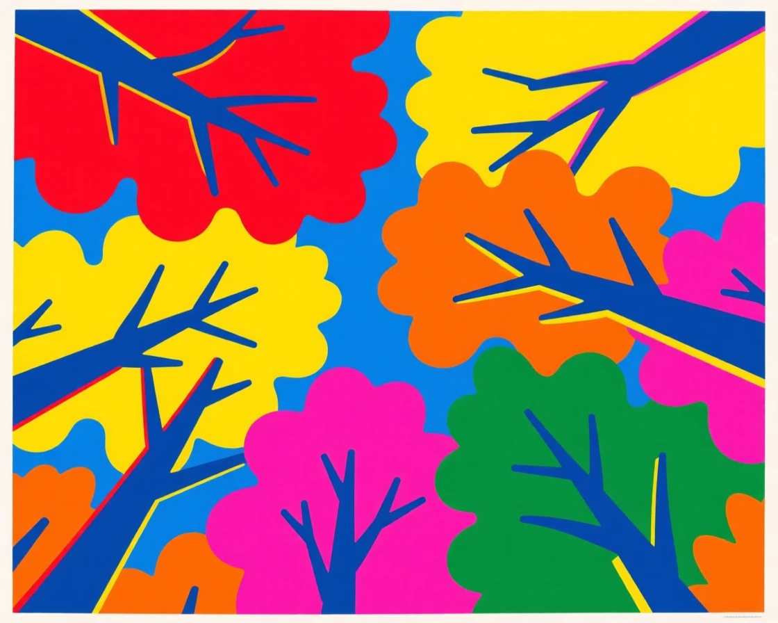 Autumn forest canopy viewed from below