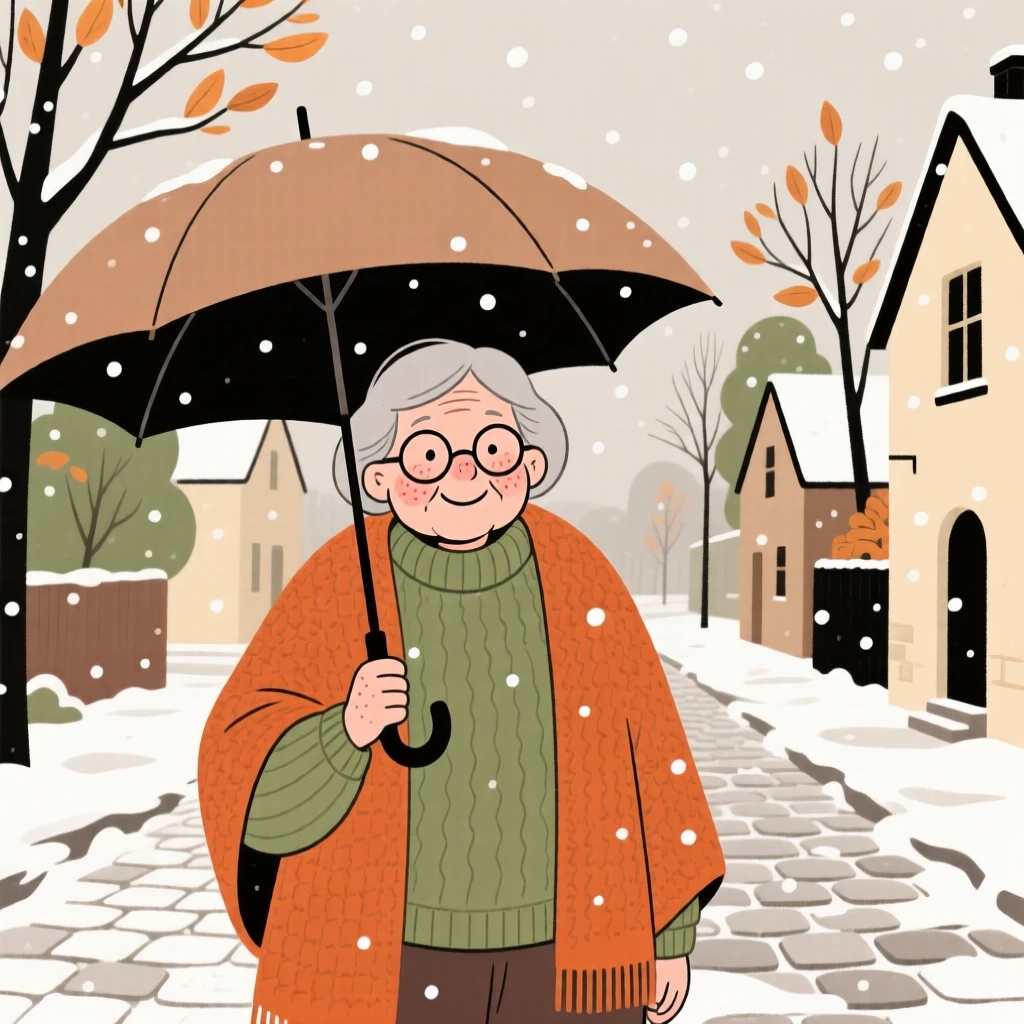 Soft snow falls over a quiet village street as a elderly woman watches from under a wide umbrella, wrapped warmly against the autumn air.