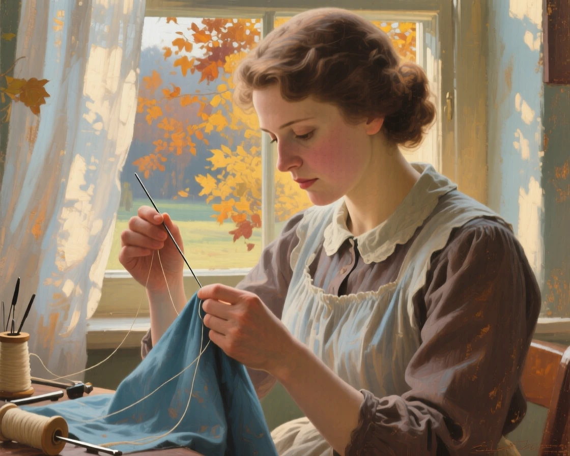 A close-up portrait of a seamstress threading a needle by a sunlit window, in the 1960s, in mid-autumn.