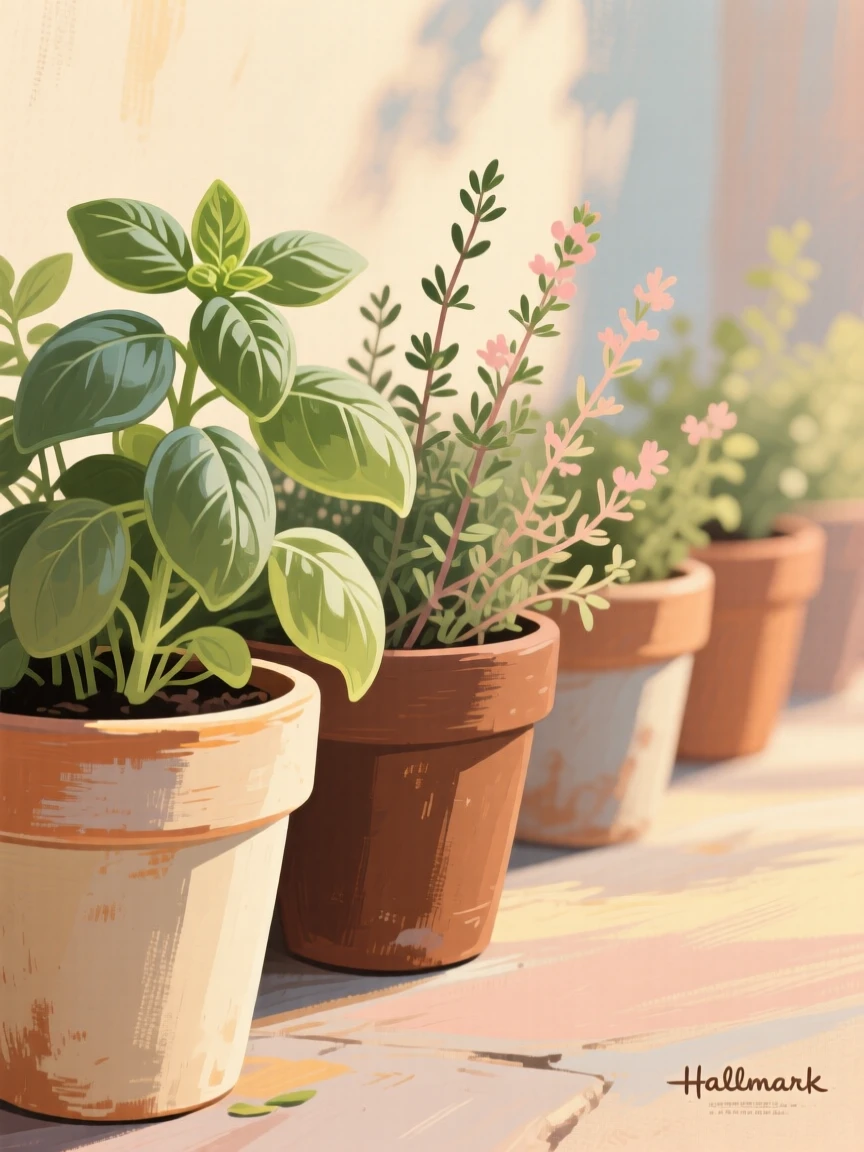 A row of clay pots filled with fresh basil and thyme