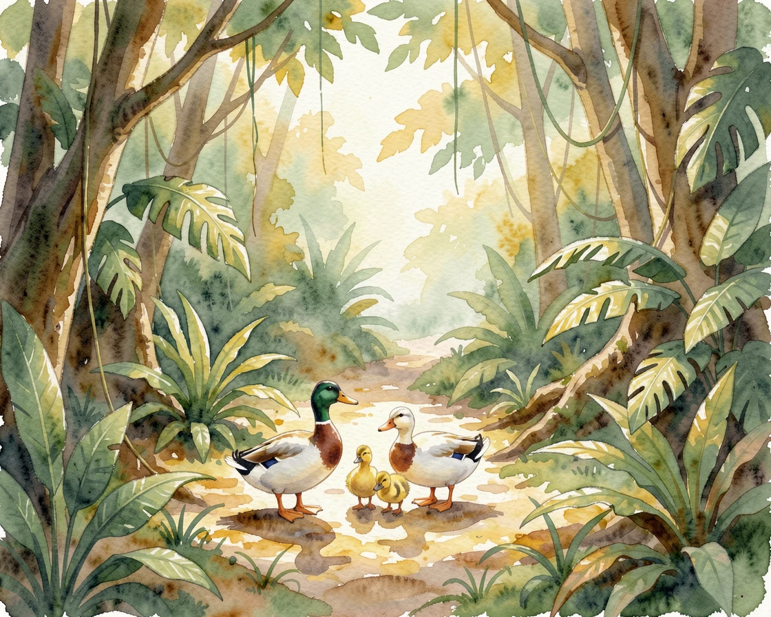 A family of ducks crossing a path in a lush jungle clearing napping in a patch of sunlight.